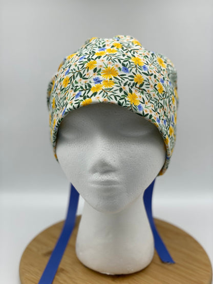 Rifle Paper Co fabric Daisy fields fabric scrub cap, yellow floral ponytail womens scrub cap