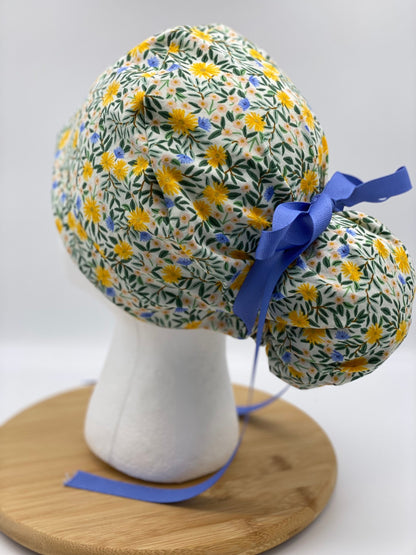 Rifle Paper Co fabric Daisy fields fabric scrub cap, yellow floral ponytail womens scrub cap