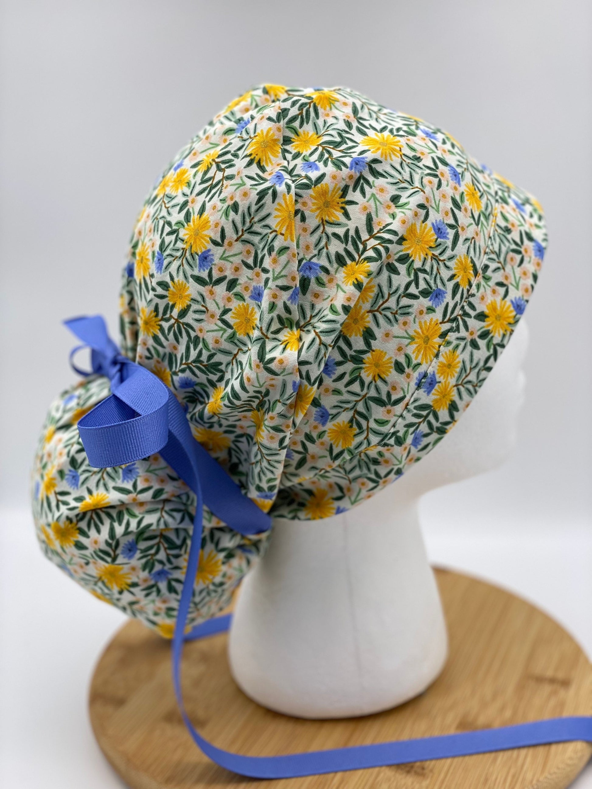 Rifle Paper Co fabric Daisy fields fabric scrub cap, yellow floral ponytail womens scrub cap