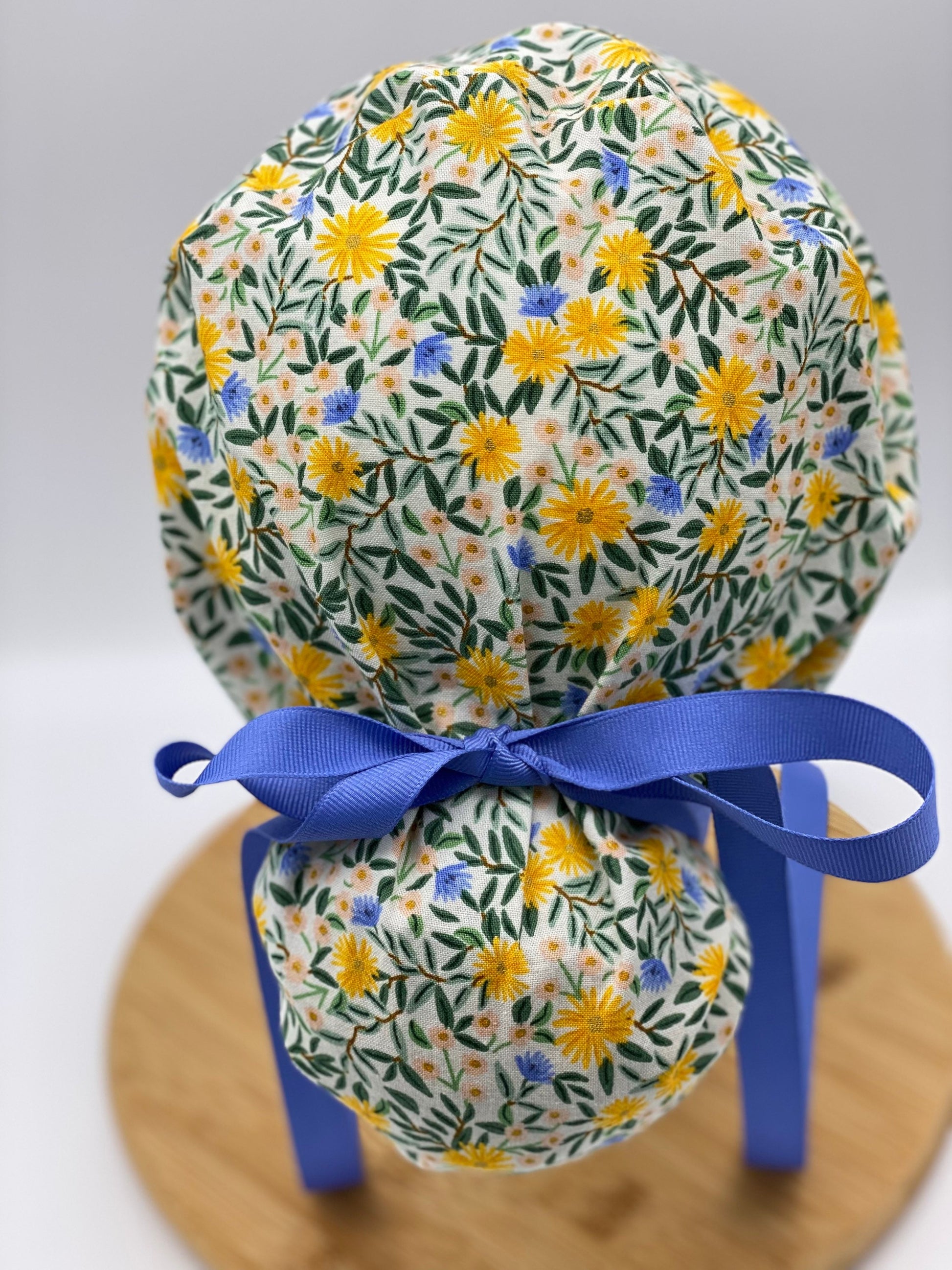 Rifle Paper Co fabric Daisy fields fabric scrub cap, yellow floral ponytail womens scrub cap