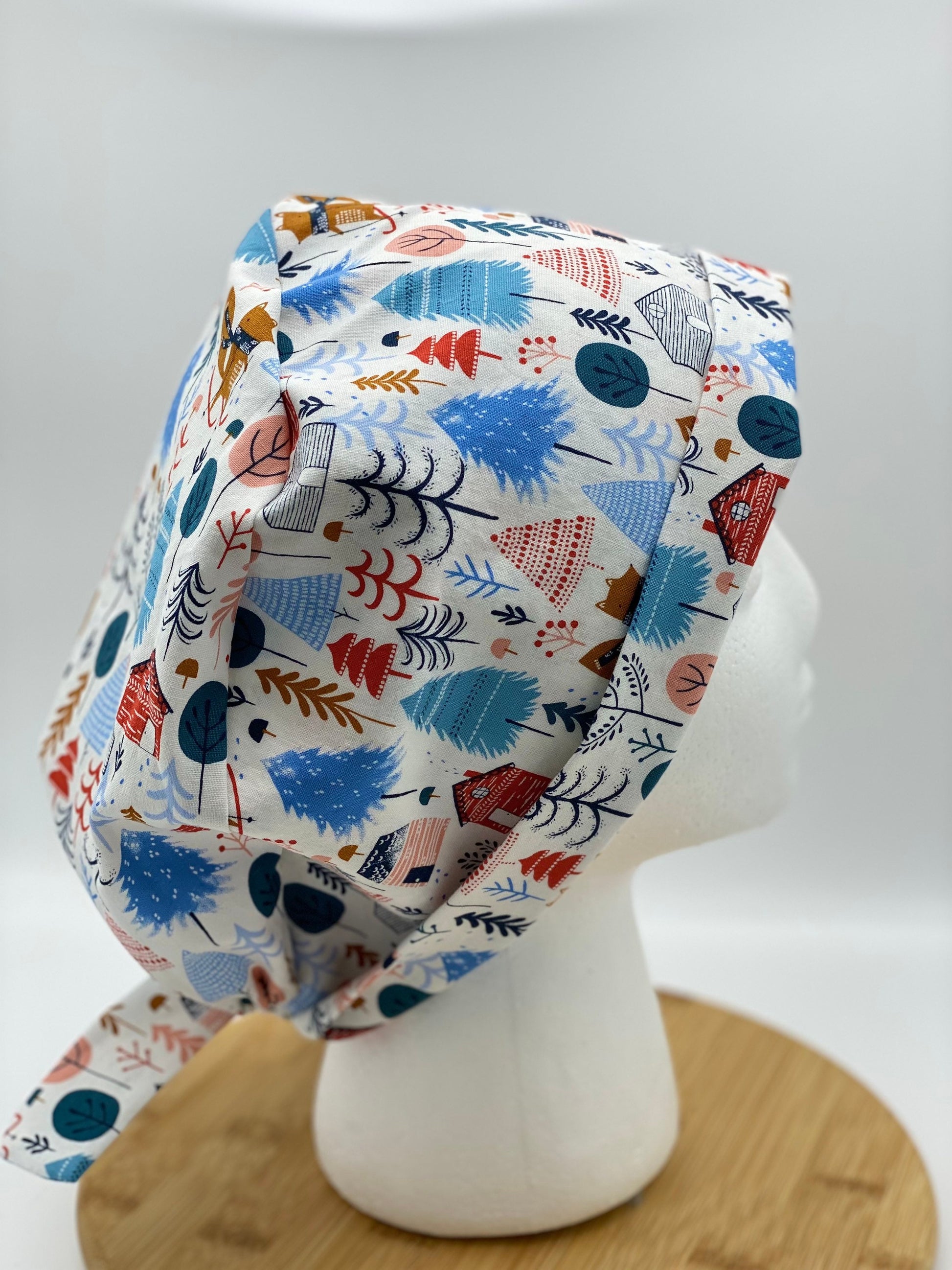 Snow much fun tie back scrub cap, winter pixie scrub cap, ski scrub hat, Bonnet Head Designs