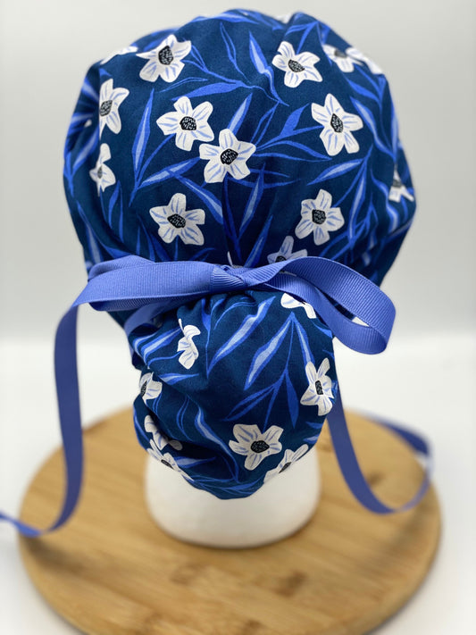 SALE! Blue and white floral scrub cap, blue floral scrub hat, womens scrub cap, Bonnet Head Designs