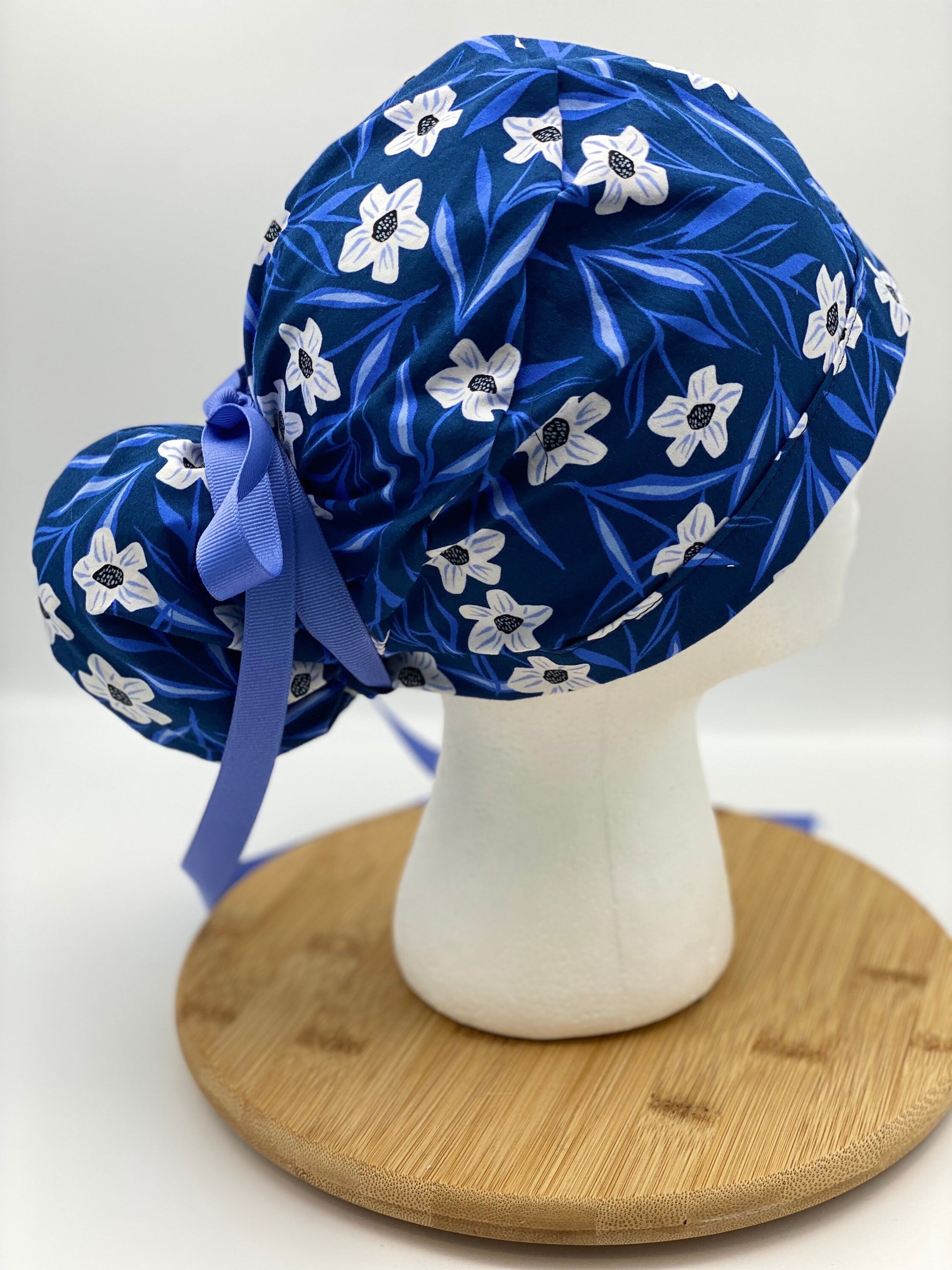 SALE! Blue and white floral scrub cap, blue floral scrub hat, womens scrub cap, Bonnet Head Designs