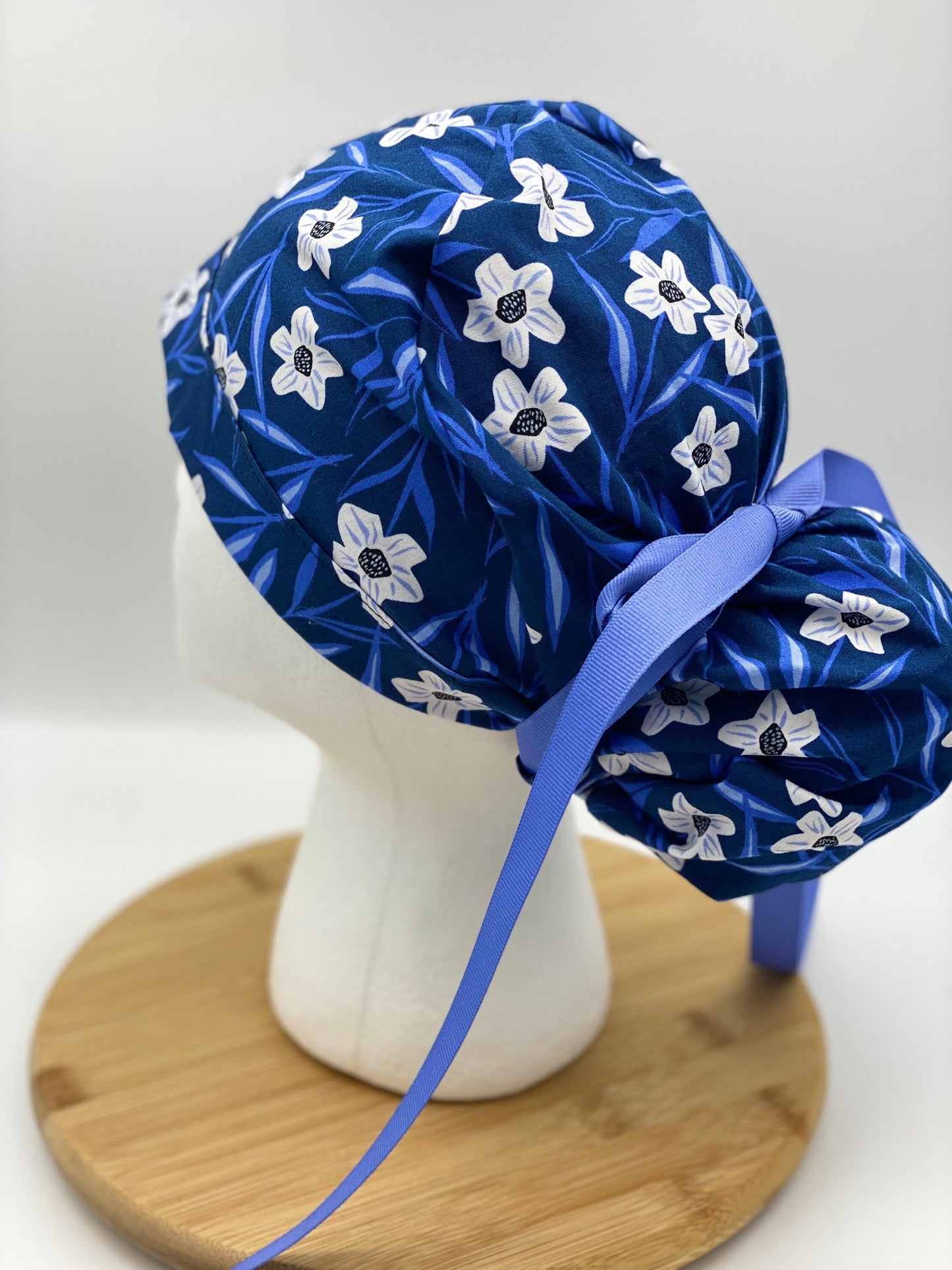 SALE! Blue and white floral scrub cap, blue floral scrub hat, womens scrub cap, Bonnet Head Designs