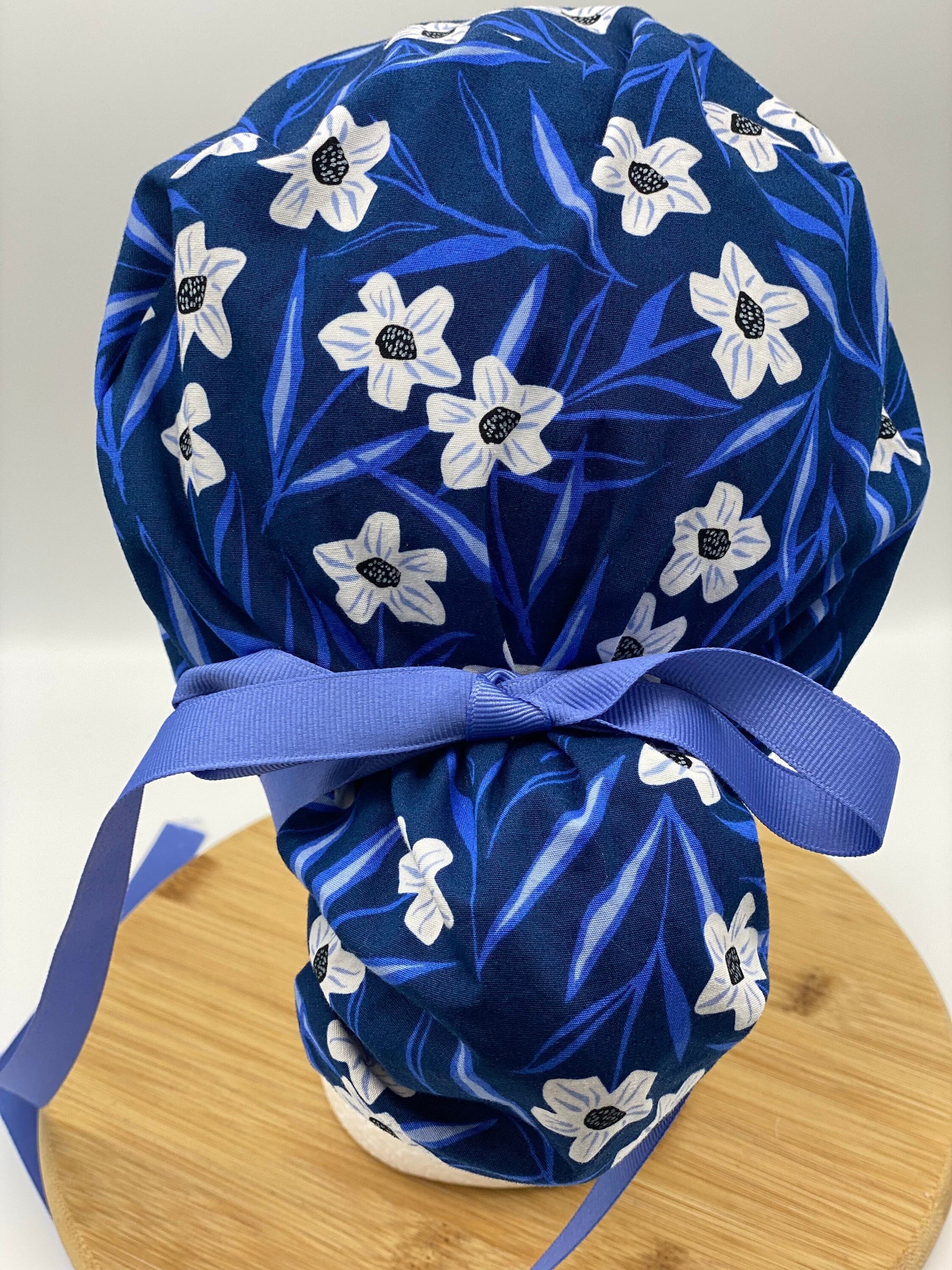 SALE! Blue and white floral scrub cap, blue floral scrub hat, womens scrub cap, Bonnet Head Designs