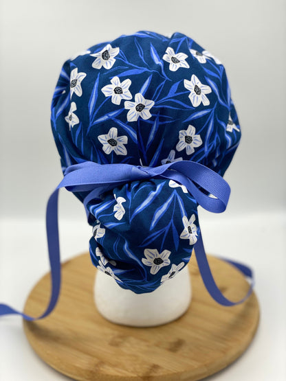 SALE! Blue and white floral scrub cap, blue floral scrub hat, womens scrub cap, Bonnet Head Designs