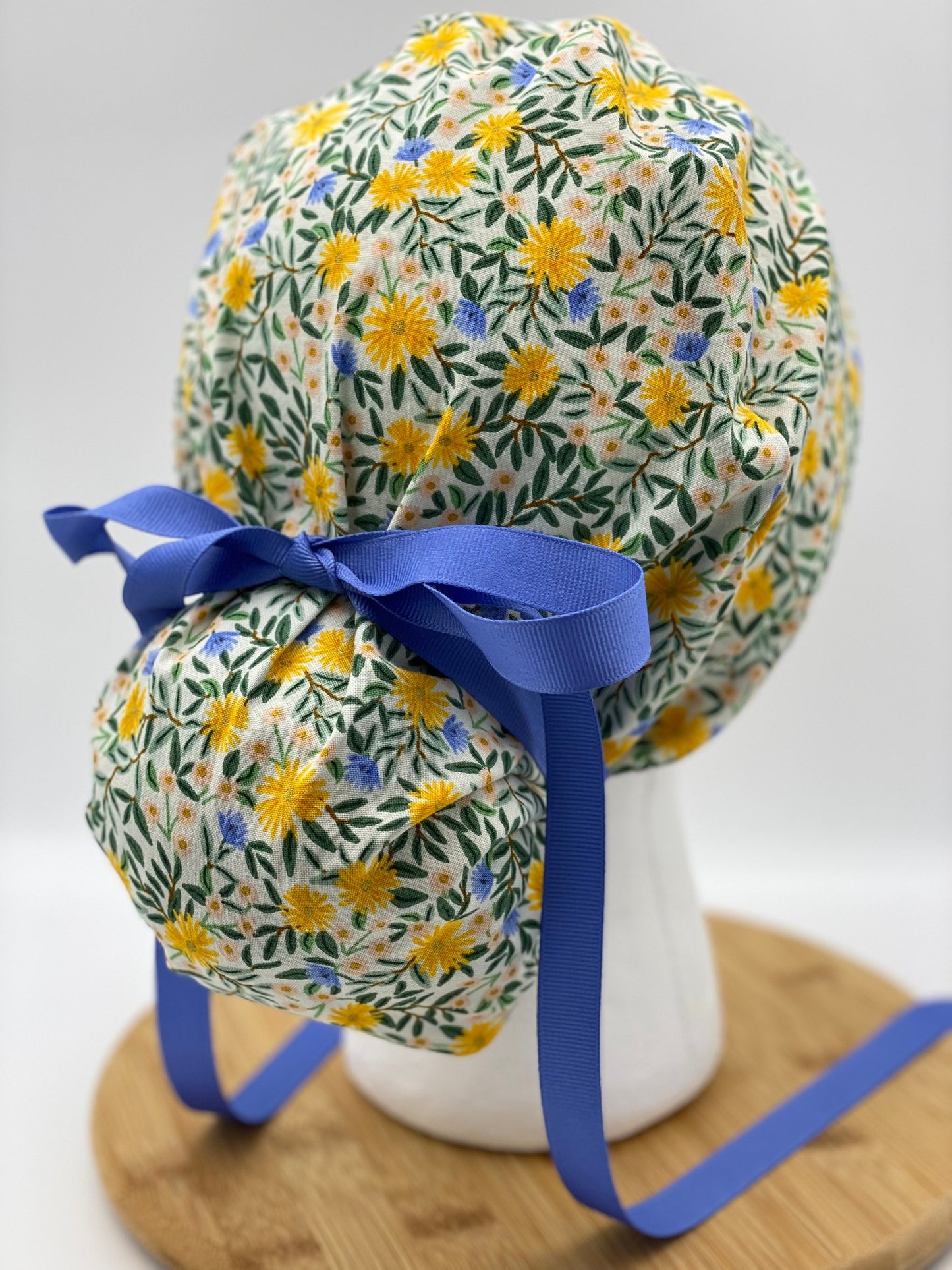 Rifle Paper Co fabric Daisy fields fabric scrub cap, yellow floral ponytail womens scrub cap