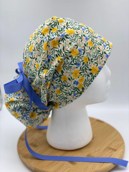 Rifle Paper Co fabric Daisy fields fabric scrub cap, yellow floral ponytail womens scrub cap