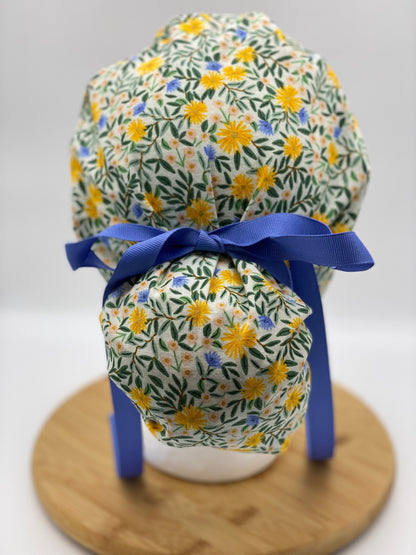 Rifle Paper Co fabric Daisy fields fabric scrub cap, yellow floral ponytail womens scrub cap