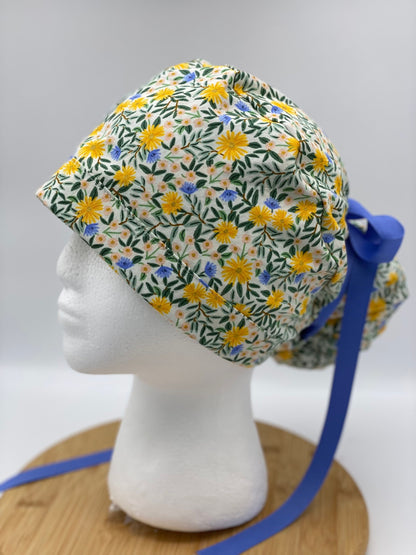 Rifle Paper Co fabric Daisy fields fabric scrub cap, yellow floral ponytail womens scrub cap