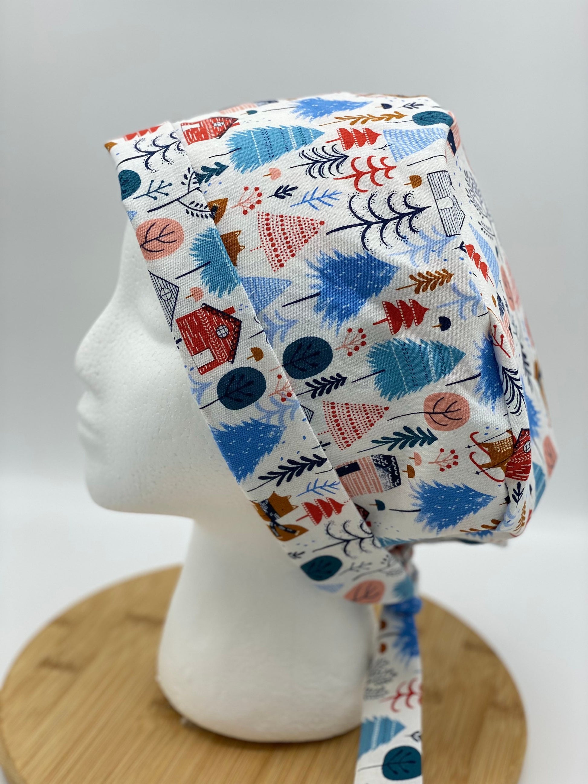 Snow much fun tie back scrub cap, winter pixie scrub cap, ski scrub hat, Bonnet Head Designs