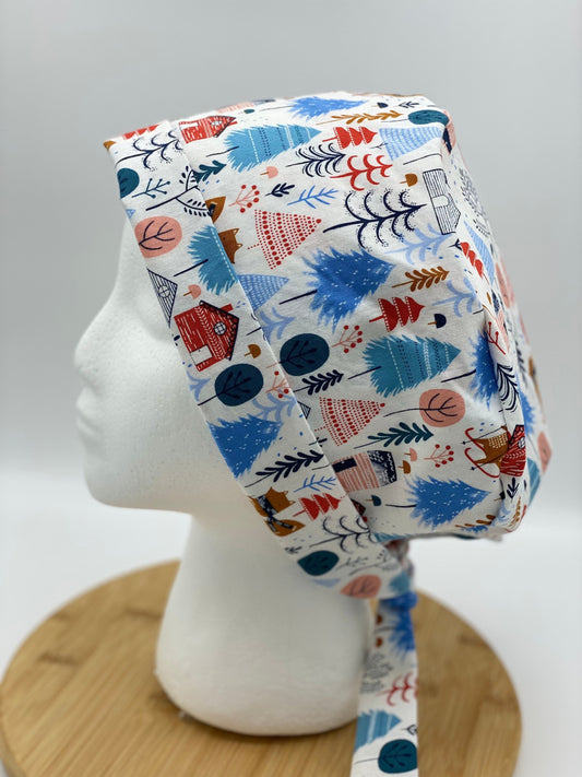 Snow much fun tie back scrub cap, winter pixie scrub cap, ski scrub hat, Bonnet Head Designs