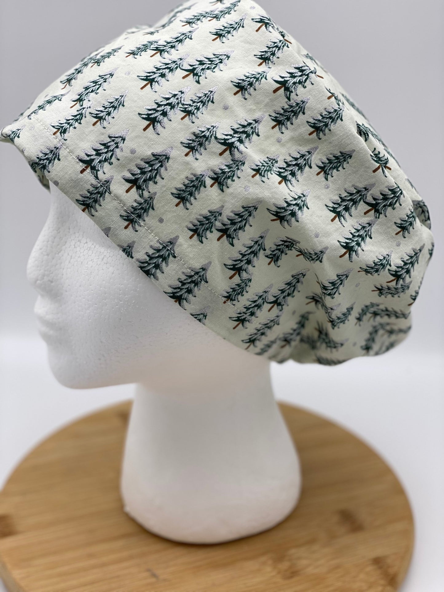 Winter euro scrub cap, Christmas scrub cap, Rifle Paper Co holiday fabric scrub hat, white Christmas trees euro cap, Bonnet Head Designs