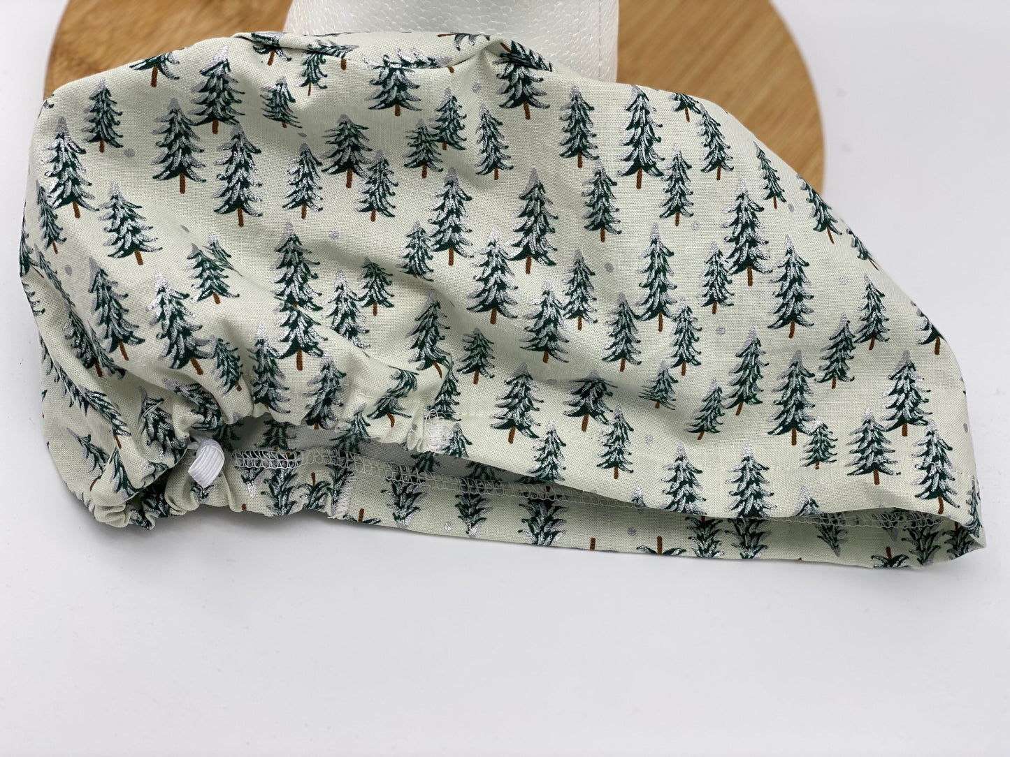 Winter euro scrub cap, Christmas scrub cap, Rifle Paper Co holiday fabric scrub hat, white Christmas trees euro cap, Bonnet Head Designs