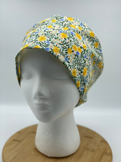 Daisy fields euro scrub cap, yellow floral scrub cap, floral euro scrub hat, Bonnet Head