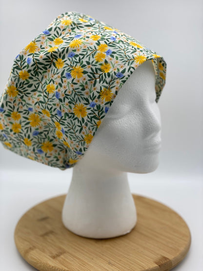 Daisy fields euro scrub cap, yellow floral scrub cap, floral euro scrub hat, Bonnet Head