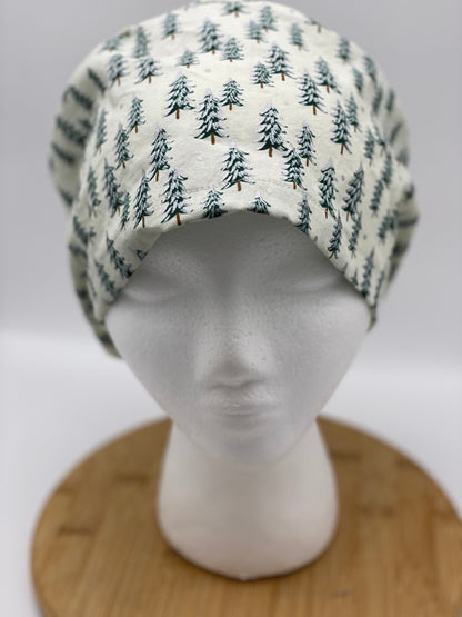 Winter euro scrub cap, Christmas scrub cap, Rifle Paper Co holiday fabric scrub hat, white Christmas trees euro cap, Bonnet Head Designs