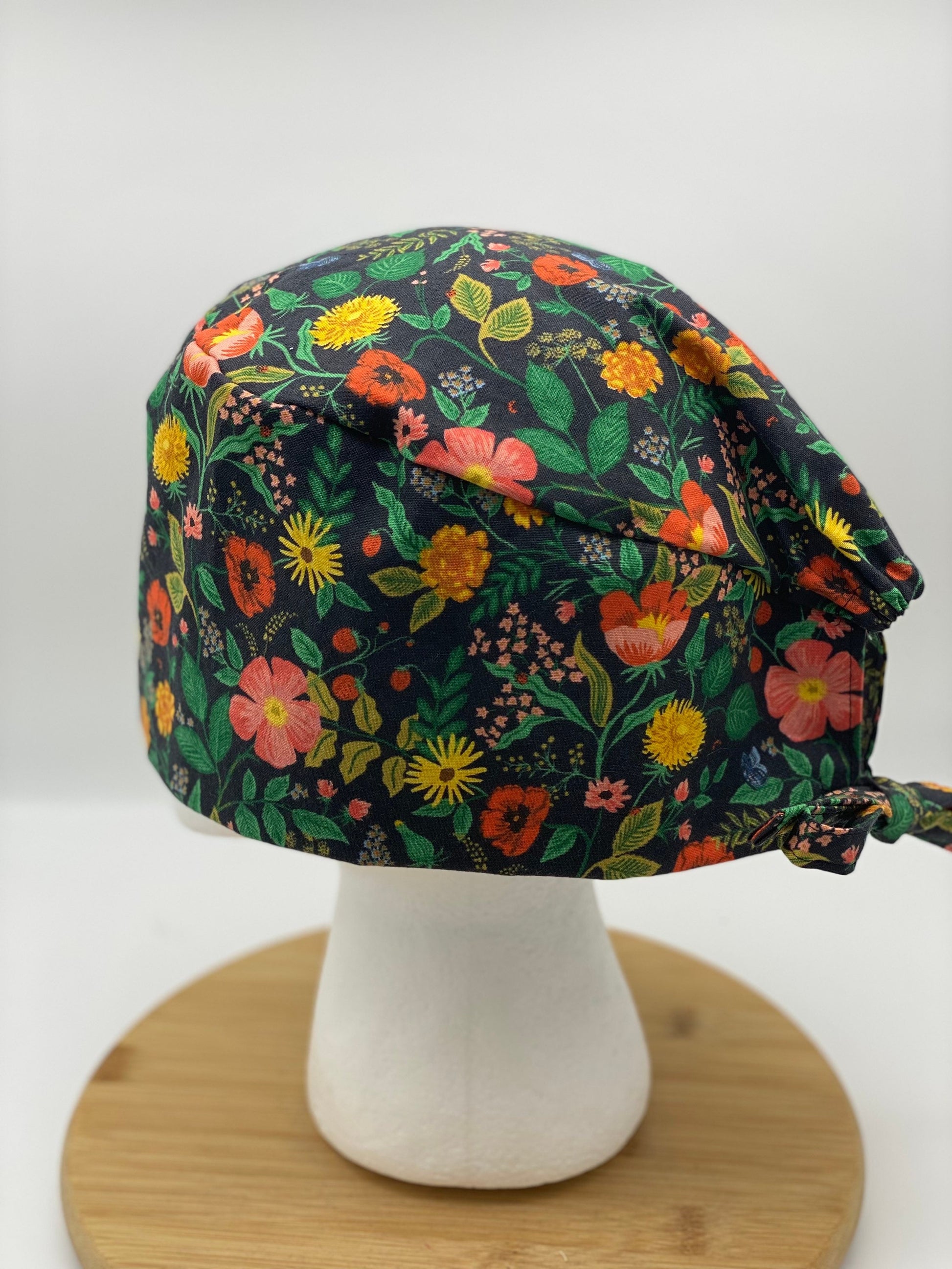 Rifle Paper co unisex style scrub cap black floral, Camont floral skull cap scrub hat, unisex floral scrub hat, Bonnet Head Designs