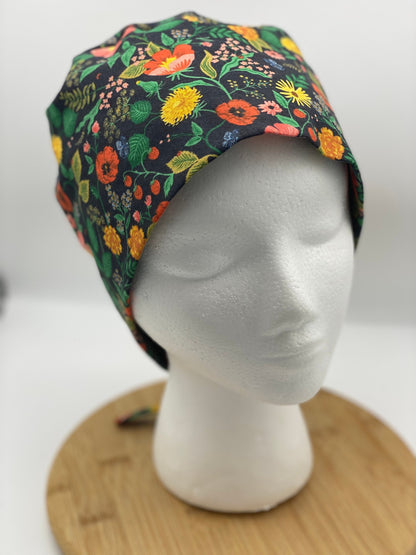 Rifle Paper co unisex style scrub cap black floral, Camont floral skull cap scrub hat, unisex floral scrub hat, Bonnet Head Designs