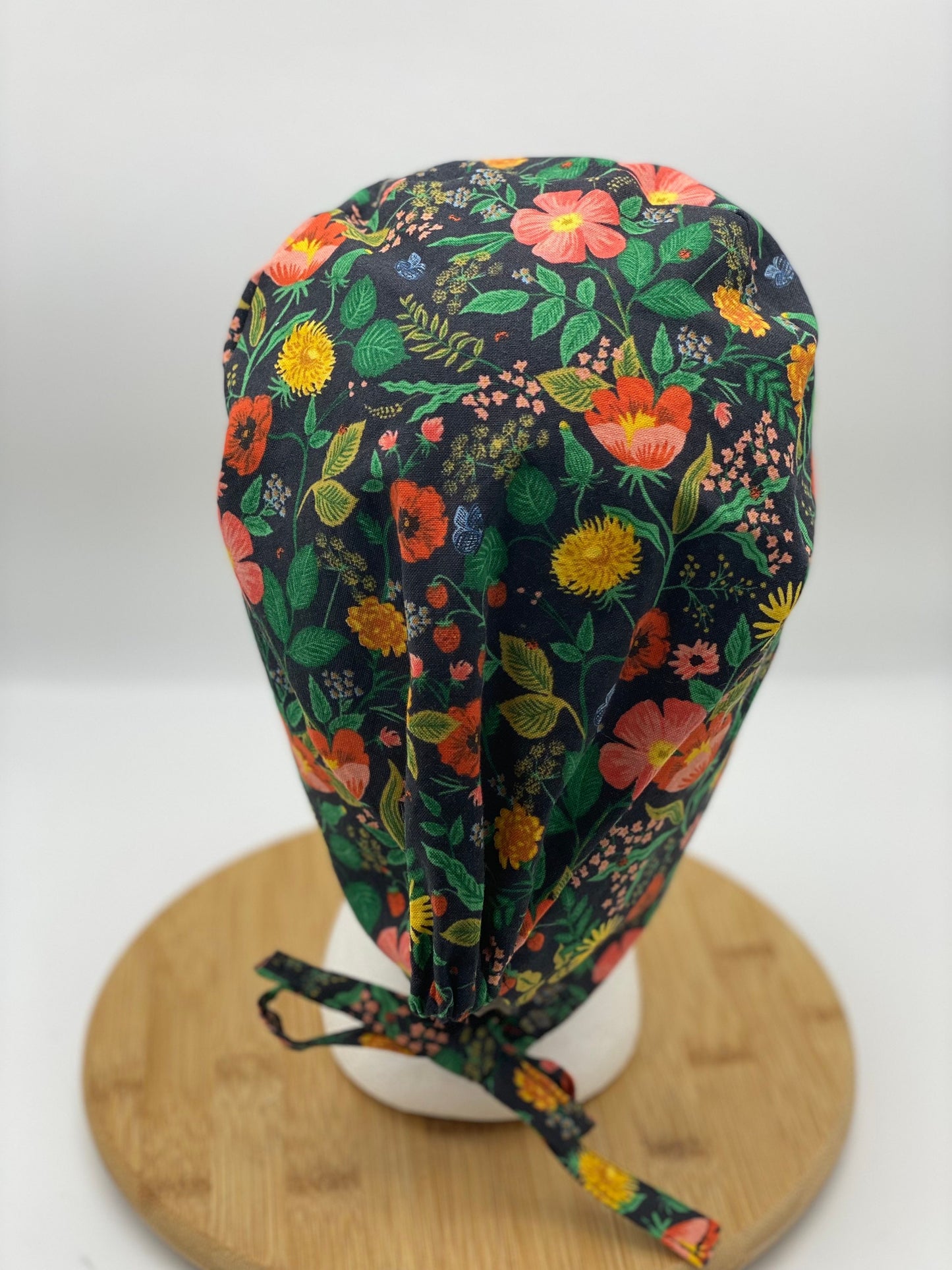 Rifle Paper co unisex style scrub cap black floral, Camont floral skull cap scrub hat, unisex floral scrub hat, Bonnet Head Designs