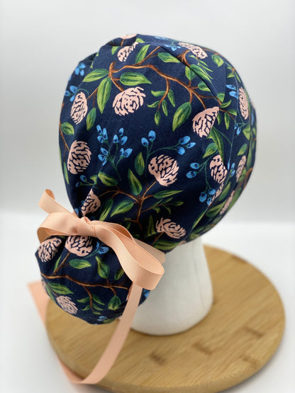 Navy peony scrub cap, Navy and pink floral scrub cap, navy peonies scrub hat, Bonnet Head Designs