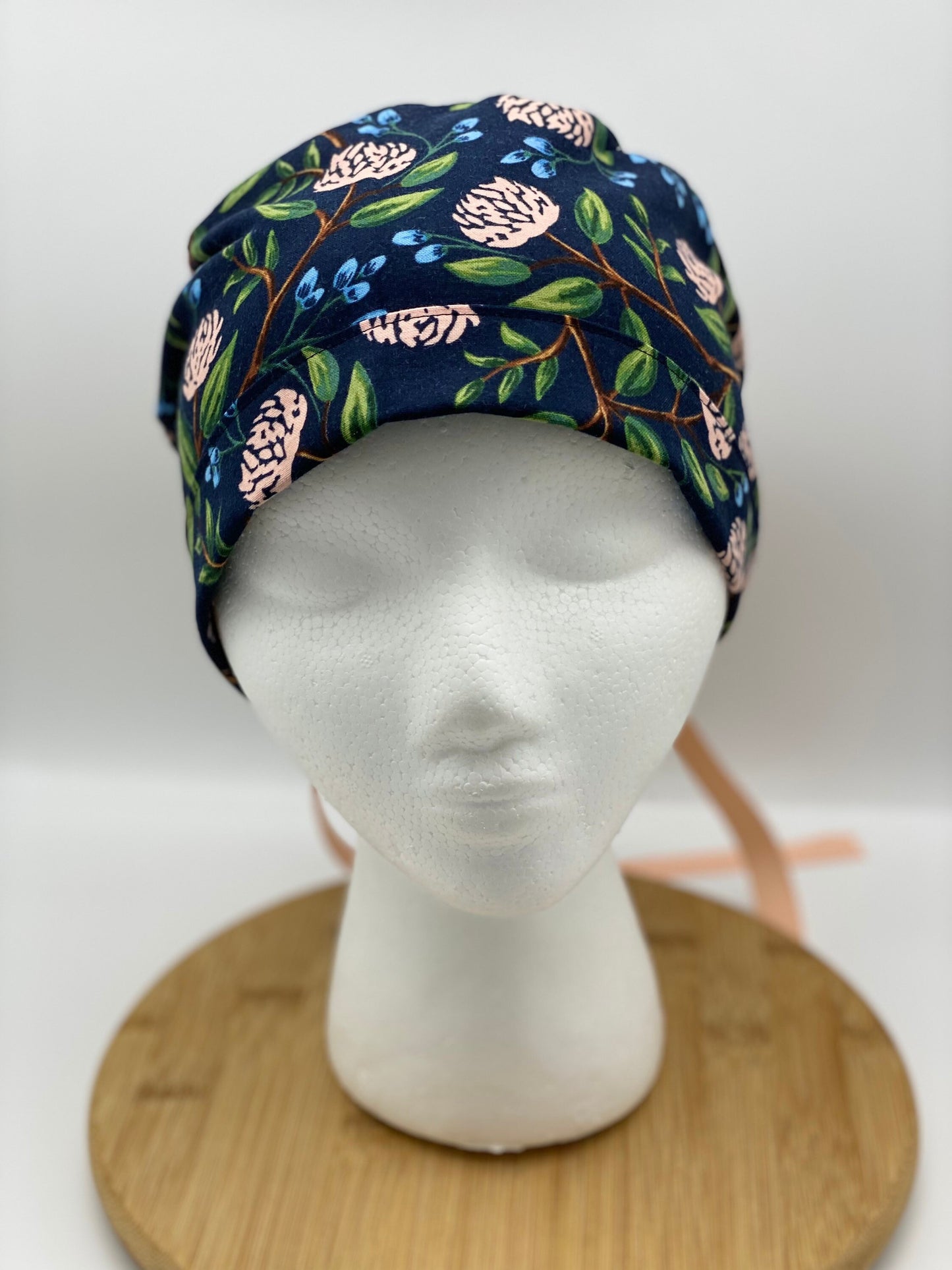 Navy peony scrub cap, Navy and pink floral scrub cap, navy peonies scrub hat, Bonnet Head Designs