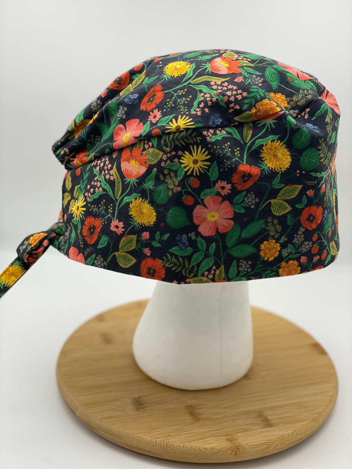 Rifle Paper co unisex style scrub cap black floral, Camont floral skull cap scrub hat, unisex floral scrub hat, Bonnet Head Designs