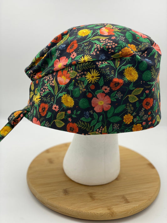 Rifle Paper co unisex style scrub cap black floral, Camont floral skull cap scrub hat, unisex floral scrub hat, Bonnet Head Designs