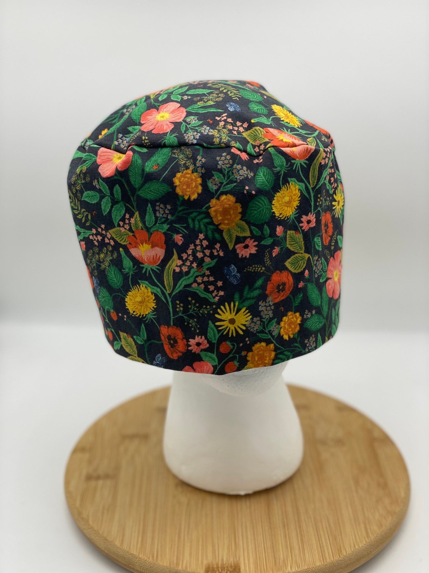 Rifle Paper co unisex style scrub cap black floral, Camont floral skull cap scrub hat, unisex floral scrub hat, Bonnet Head Designs