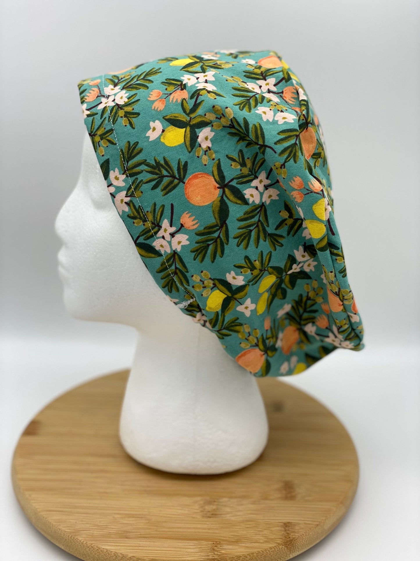 Rifle Paper Co fabric citrus floral euro scrub hat, teal citrus floral scrub cap, Bonnet Head Designs