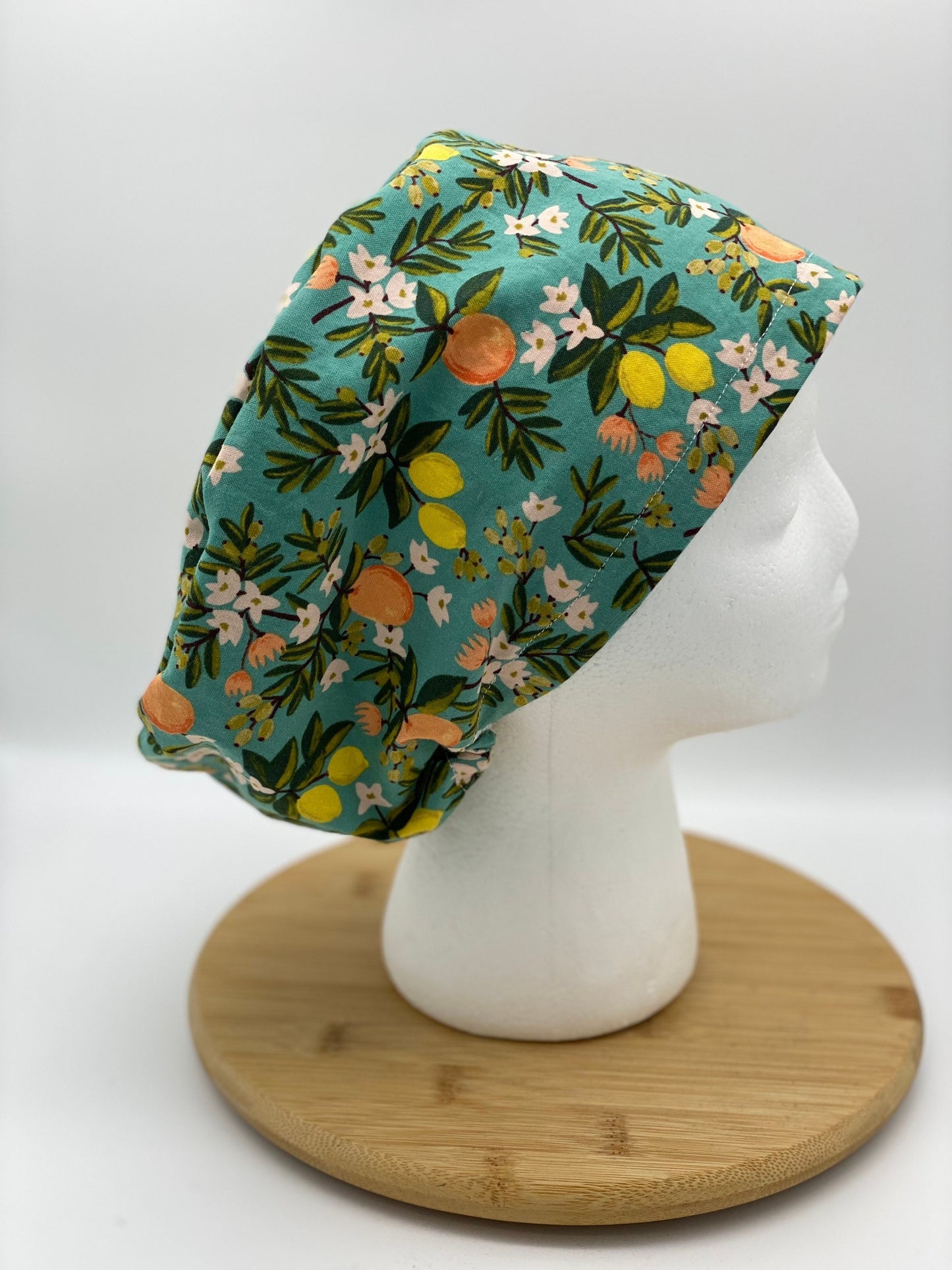 Rifle Paper Co fabric citrus floral euro scrub hat, teal citrus floral scrub cap, Bonnet Head Designs