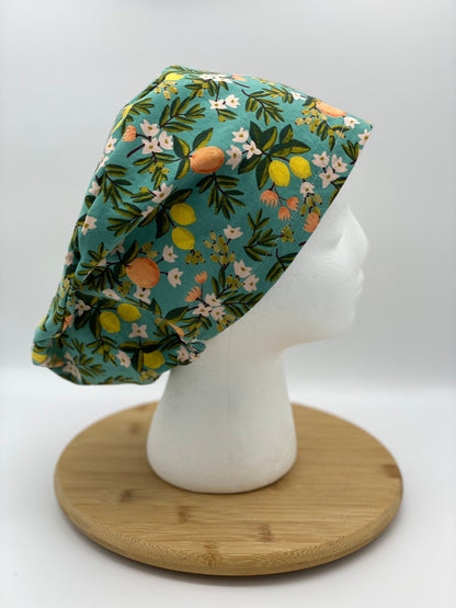 Rifle Paper Co fabric citrus floral euro scrub hat, teal citrus floral scrub cap, Bonnet Head Designs