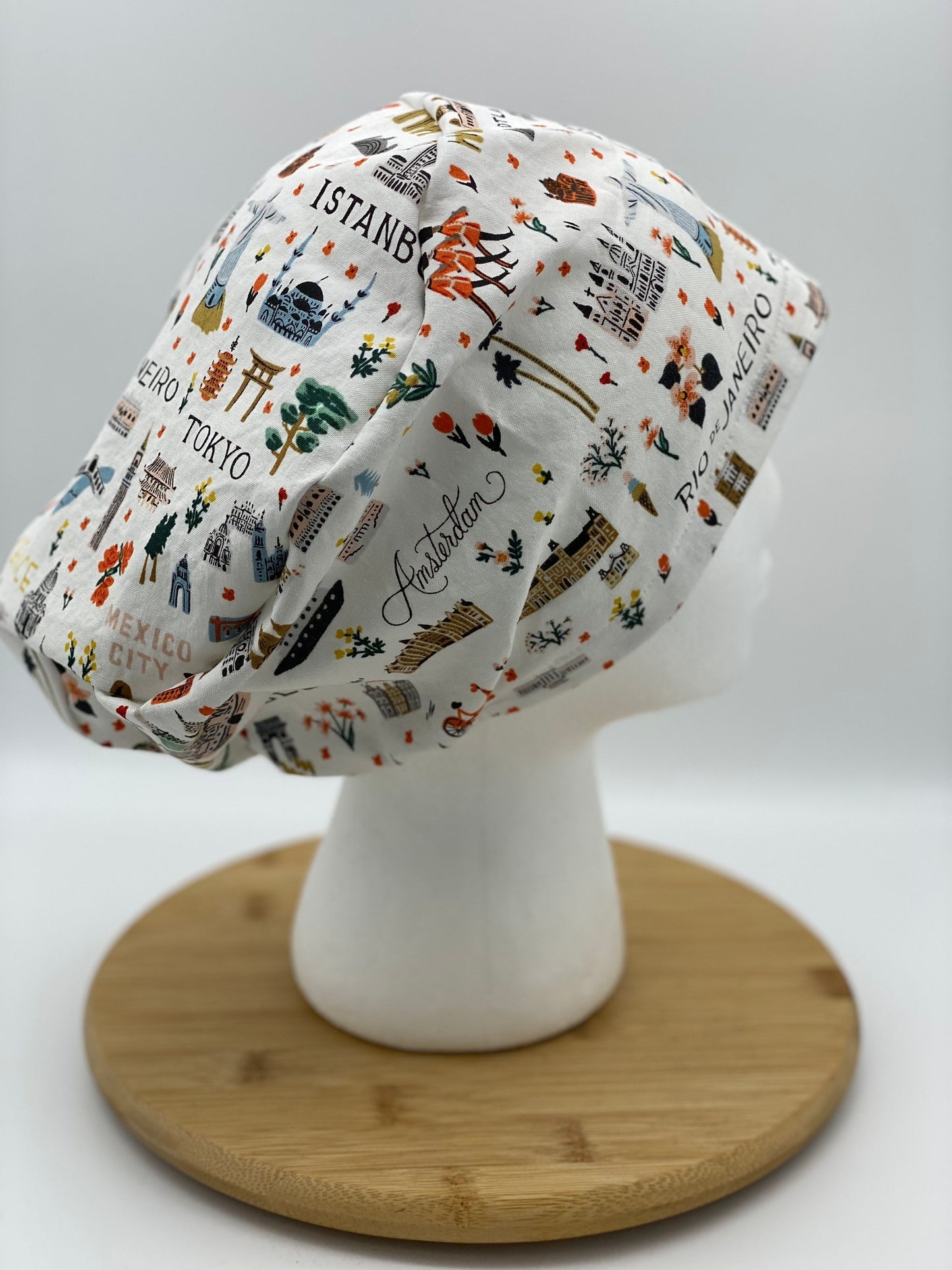 Traveler euro style scrub cap, euro scrub cap rifle paper co fabric, Bon Voyage scrub cap, Bonnet Head Designs