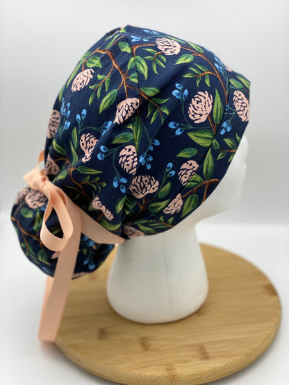 Navy peony scrub cap, Navy and pink floral scrub cap, navy peonies scrub hat, Bonnet Head Designs