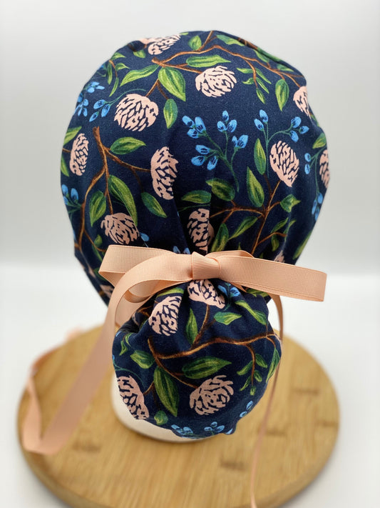 Navy peony scrub cap, Navy and pink floral scrub cap, navy peonies scrub hat, Bonnet Head Designs