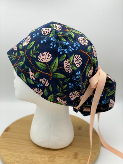 Navy peony scrub cap, Navy and pink floral scrub cap, navy peonies scrub hat, Bonnet Head Designs