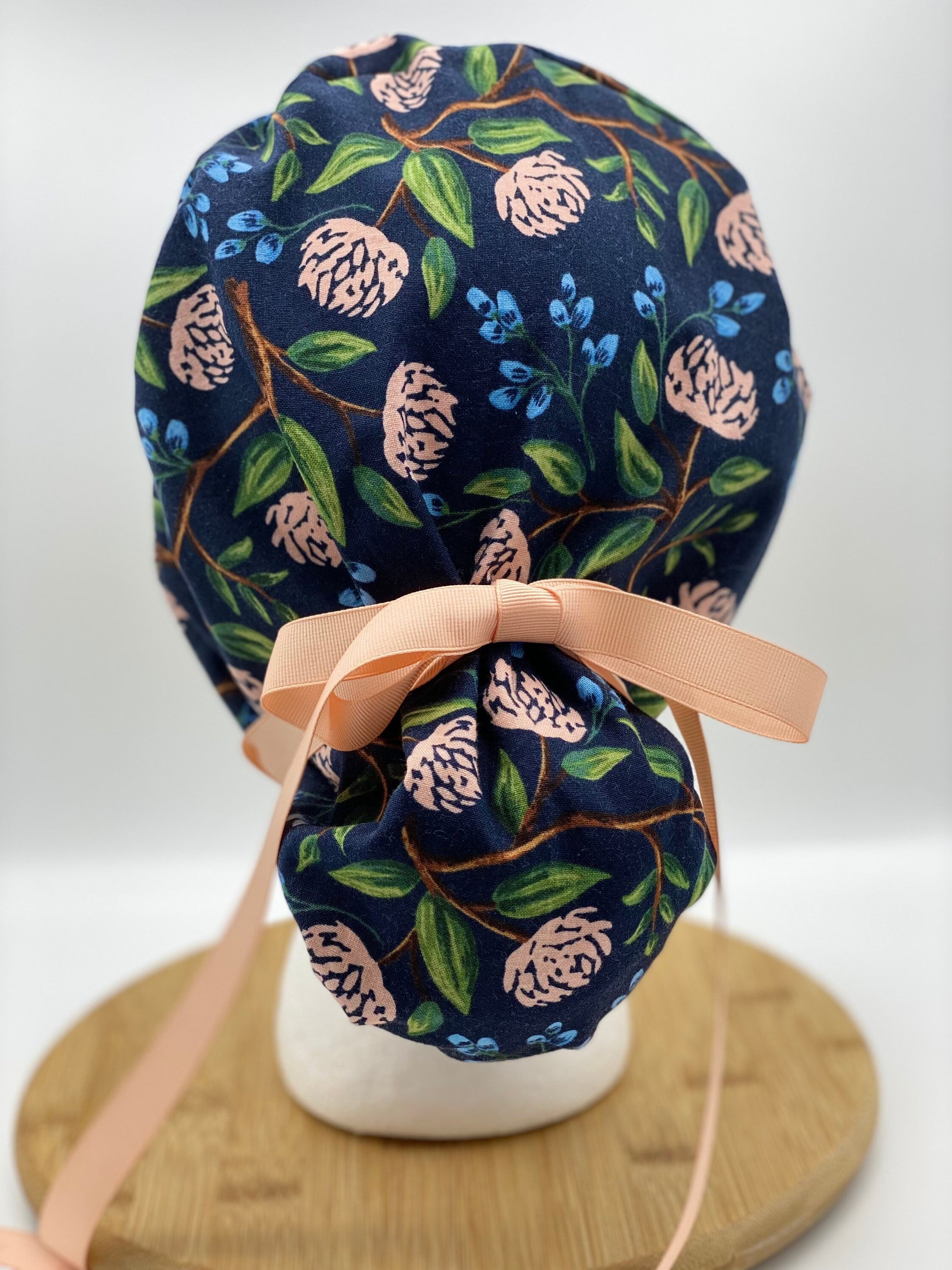 Navy peony scrub cap, Navy and pink floral scrub cap, navy peonies scrub hat, Bonnet Head Designs