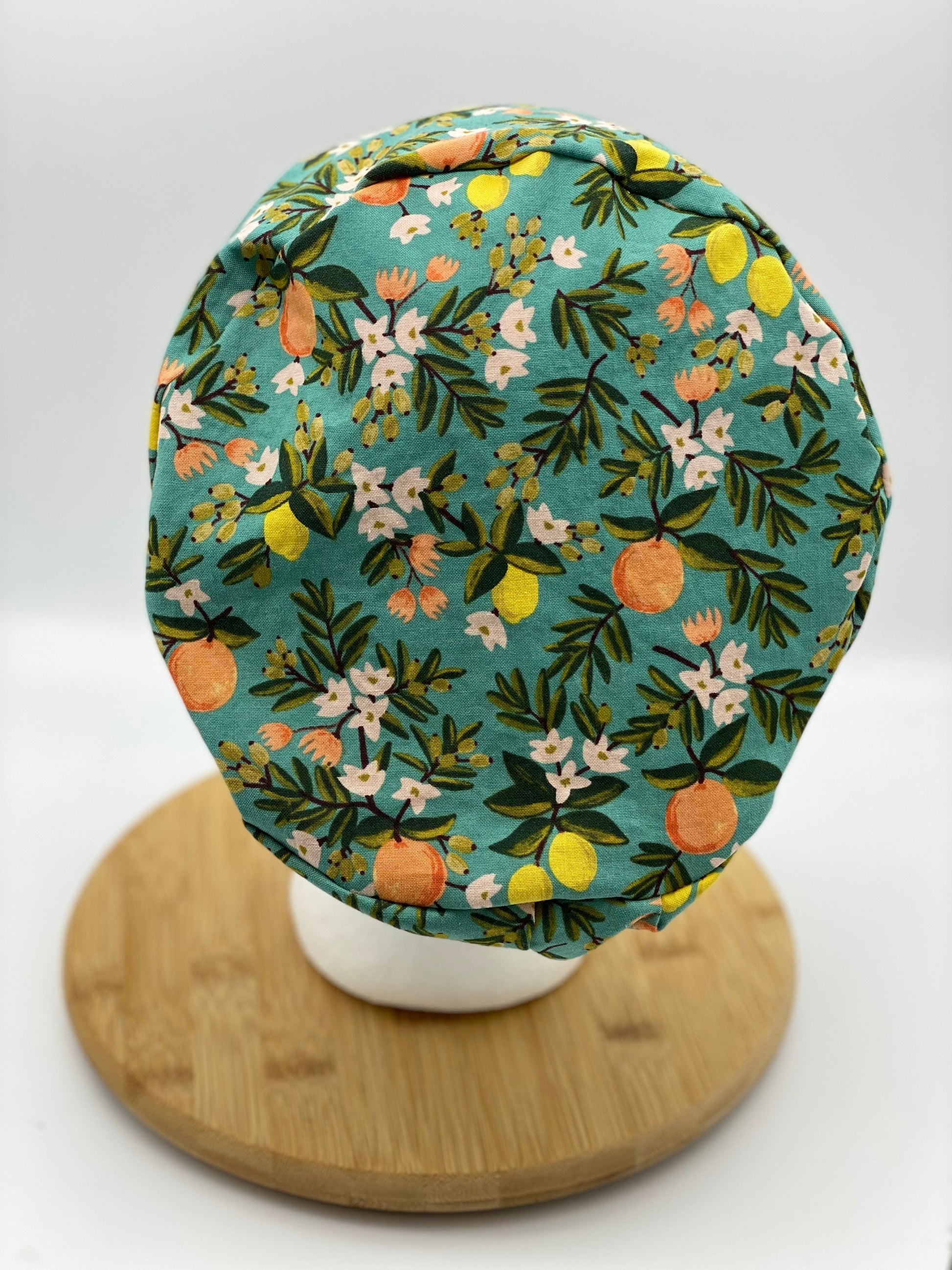 Rifle Paper Co fabric citrus floral euro scrub hat, teal citrus floral scrub cap, Bonnet Head Designs