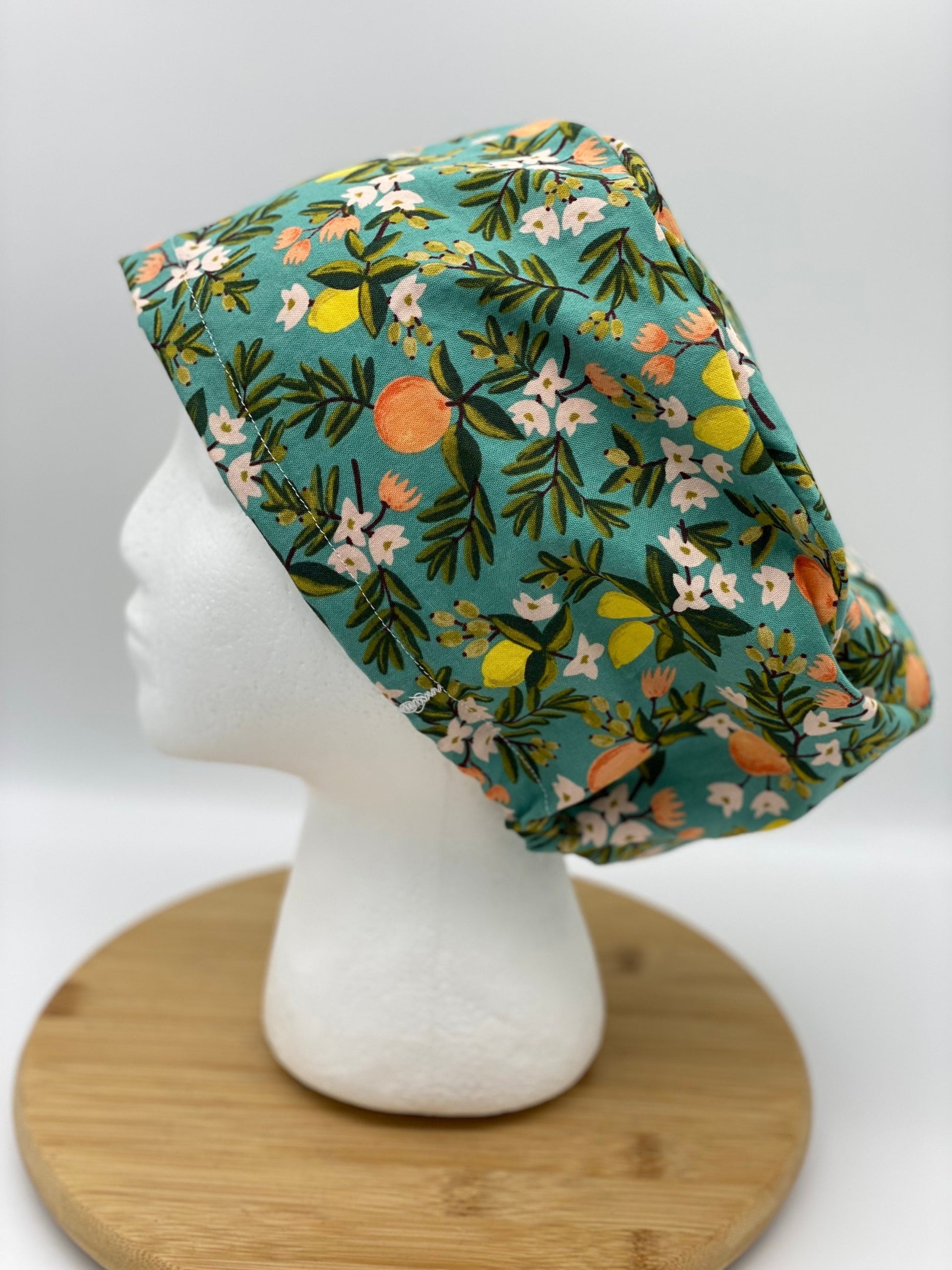 Rifle Paper Co fabric citrus floral euro scrub hat, teal citrus floral scrub cap, Bonnet Head Designs