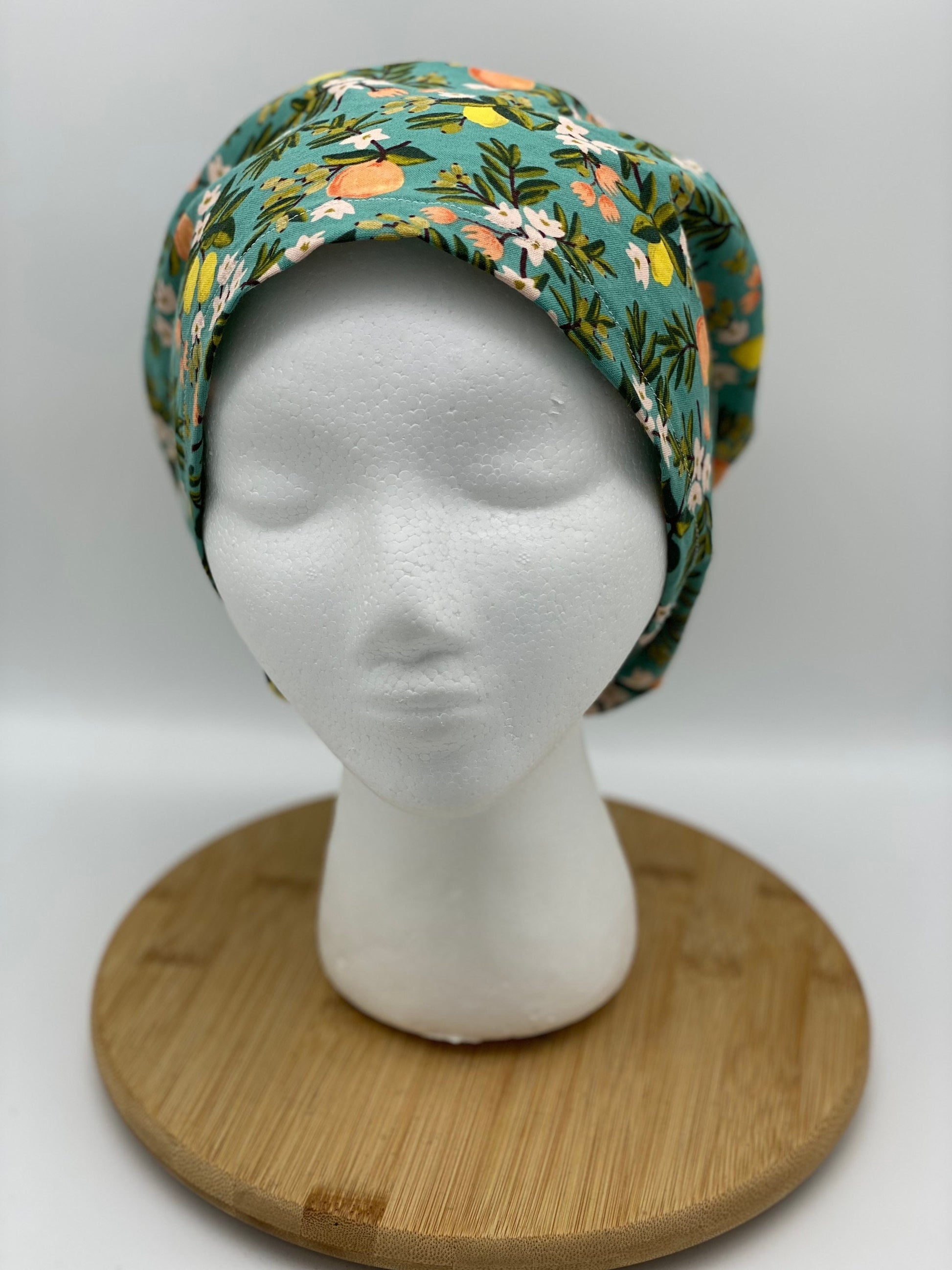 Rifle Paper Co fabric citrus floral euro scrub hat, teal citrus floral scrub cap, Bonnet Head Designs