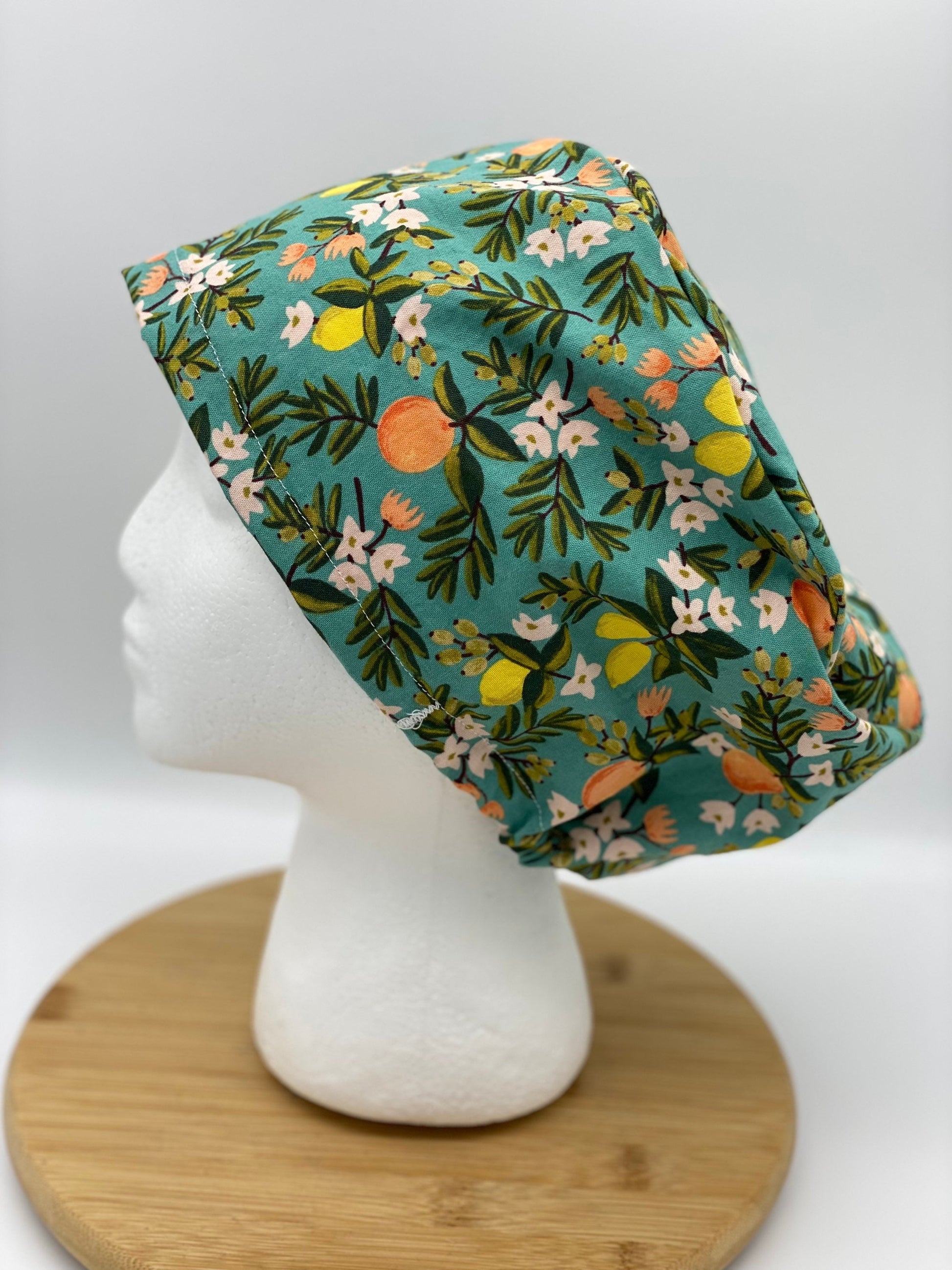 Rifle Paper Co fabric citrus floral euro scrub hat, teal citrus floral scrub cap, Bonnet Head Designs