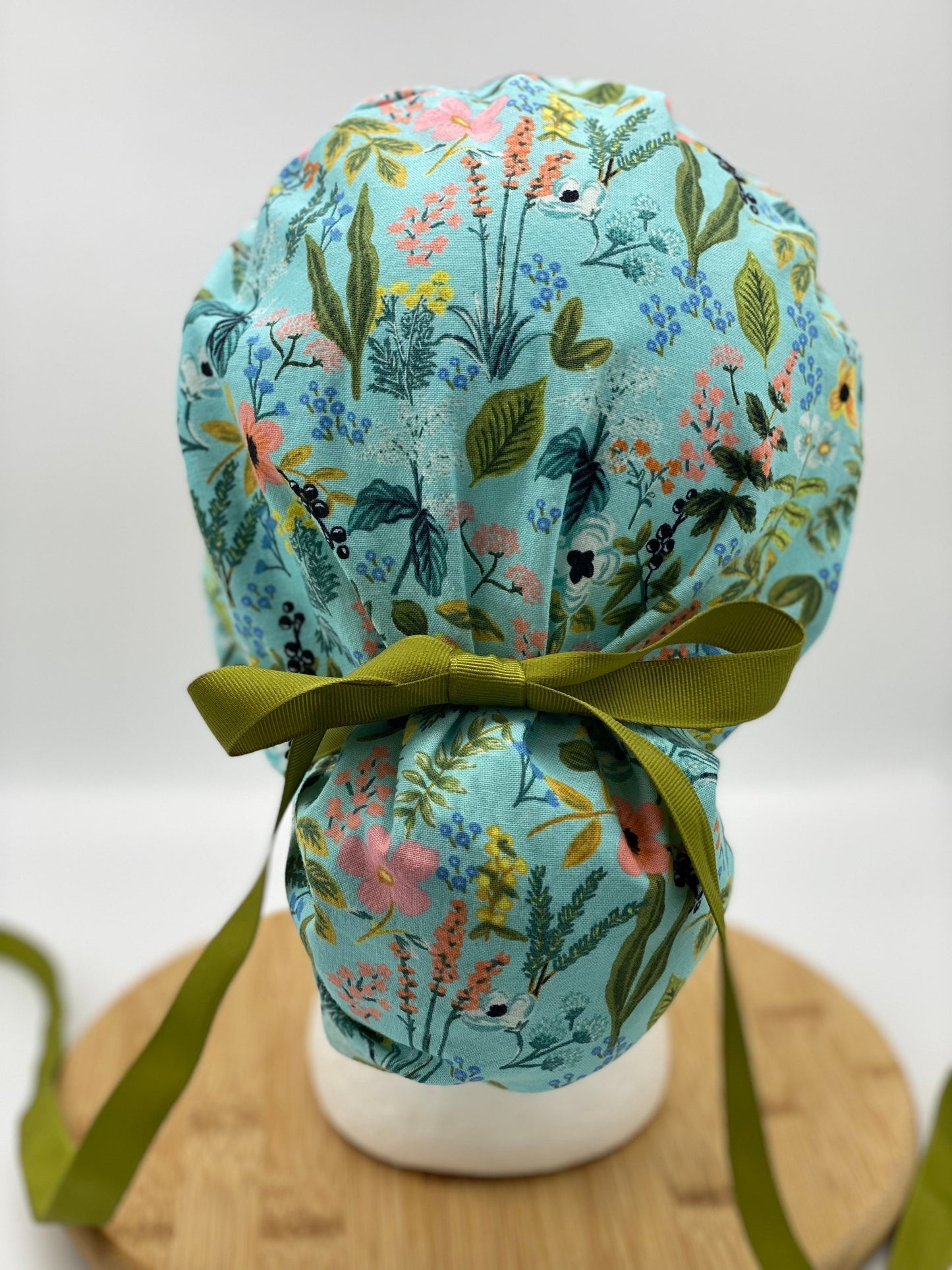 Rifle Paper Co fabric teal floral ponytail scrub hat, Amalfi herb garden scrub cap, Bonnet Head Designs