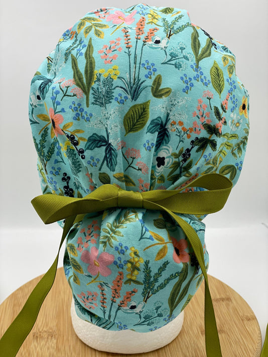 Rifle Paper Co fabric teal floral ponytail scrub hat, Amalfi herb garden scrub cap, Bonnet Head Designs