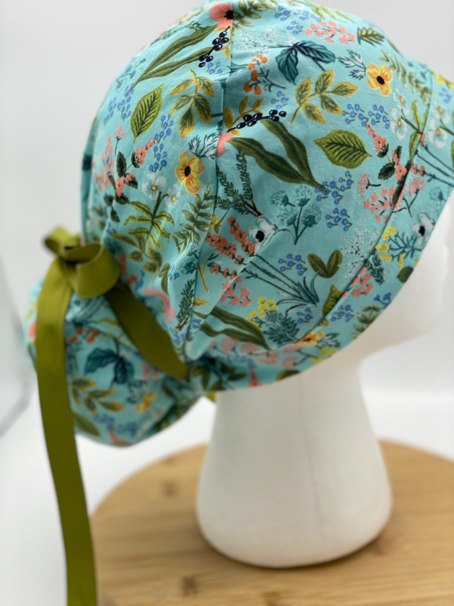 Rifle Paper Co fabric teal floral ponytail scrub hat, Amalfi herb garden scrub cap, Bonnet Head Designs