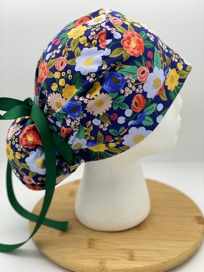 Rifle Paper fabric Navy vintage garden floral scrub cap, navy floral women’s scrub cap, Bonnet Head Designs