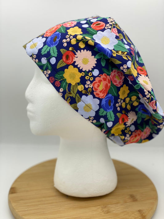 Rifle Paper Co fabric vintage garden floral euro scrub cap, navy floral women’s euro scrub cap, Bonnet Head Designs