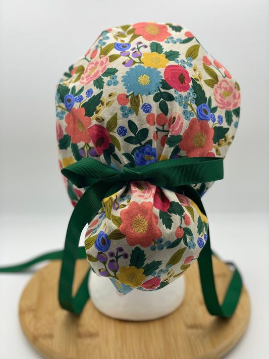 Rifle Paper fabric vintage garden floral scrub cap, modern cream floral women’s scrub cap, Bonnet Head Designs