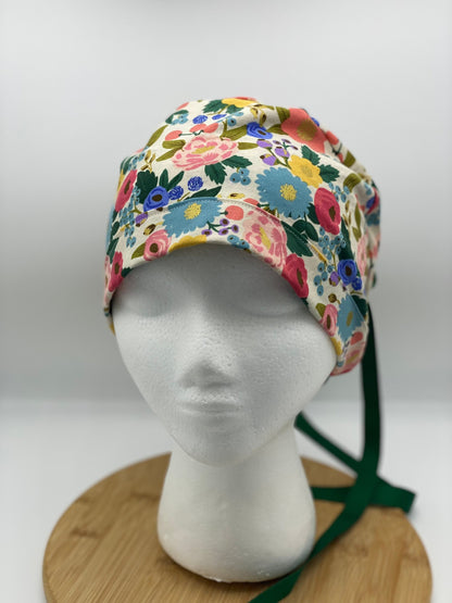 Rifle Paper fabric vintage garden floral scrub cap, modern cream floral women’s scrub cap, Bonnet Head Designs