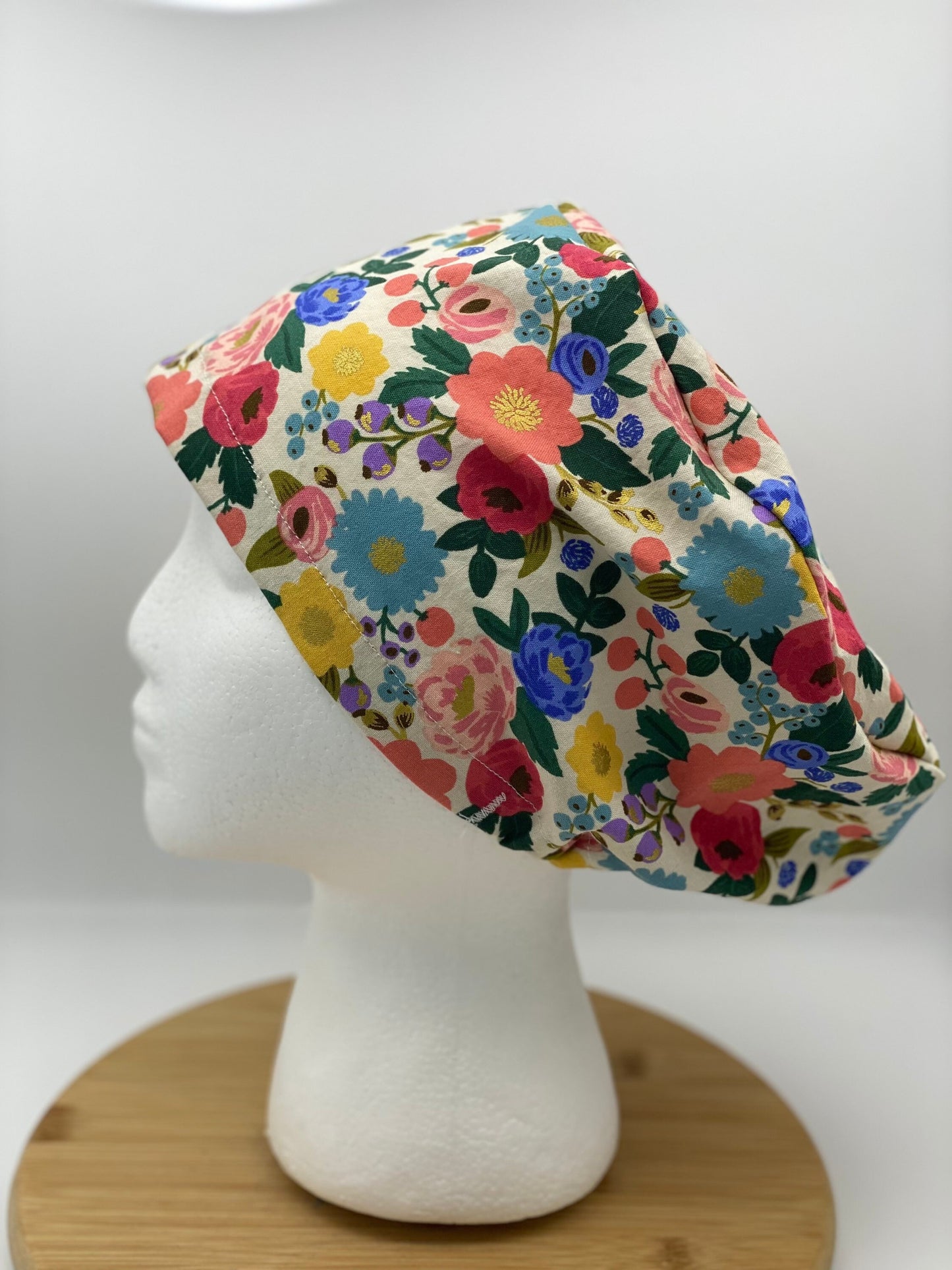 Garden fabric floral euro scrub cap, vintage floral women’s euro scrub cap, Bonnet Head Designs