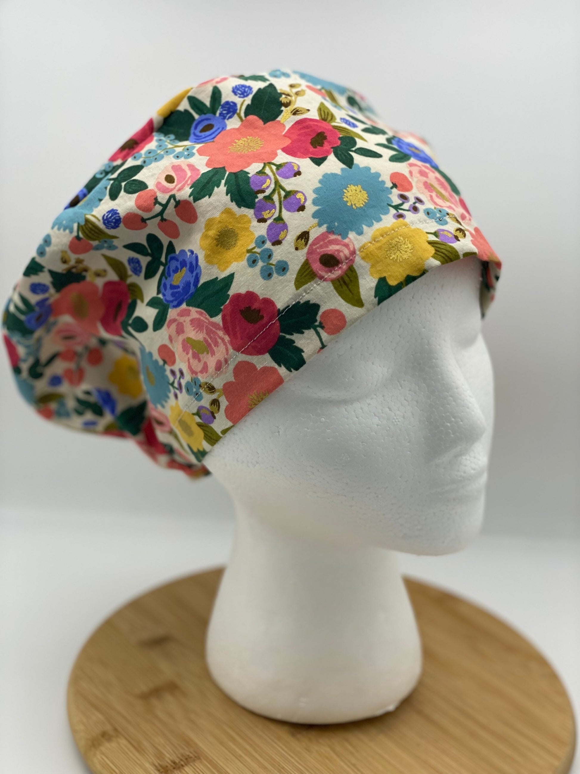 Garden fabric floral euro scrub cap, vintage floral women’s euro scrub cap, Bonnet Head Designs